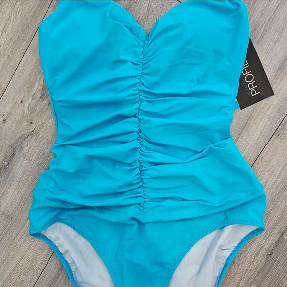 Gottex Tutti Frutti Tourqupise V-Neck Center Shirred One Piece Swimsuit size 12 - Picture 8 of 11